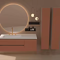 Modern Bathroom Interior With Round Mirror Wall Mounted Vanity Pink Cabinets And Scenic Window View
