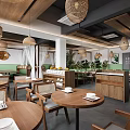 Warm Restaurant Interior With Wooden Tables Green Plants Pendant Lights And Wall Art