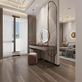 Modern Bedroom Interior With Built In Wardrobe Pendant Lights Curtains Rug And Wooden Flooring