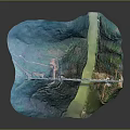 Blue Irregular Shaped Landscape Display With Bridge Over River And Green Mountains 3d model
