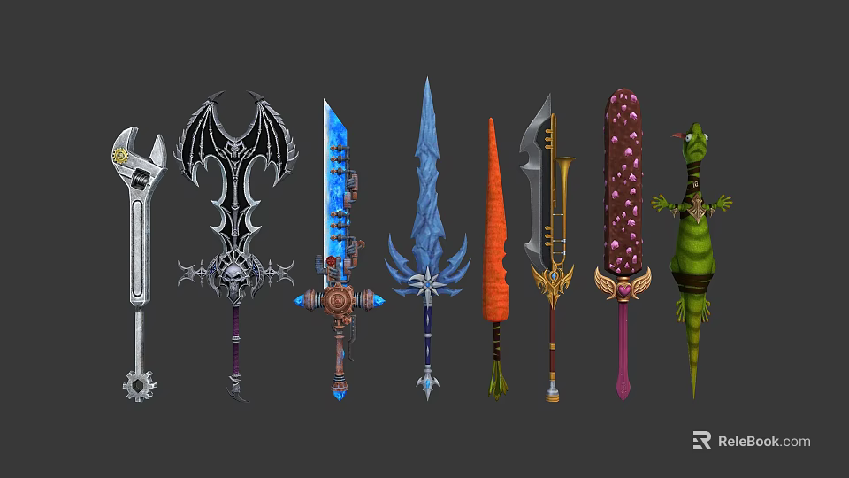 Diverse Designed Fantasy and Mechanical Weapons with Unique Shapes and Styles 3d model 