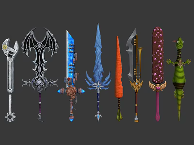Diverse Designed Fantasy and Mechanical Weapons with Unique Shapes and Styles 3d model