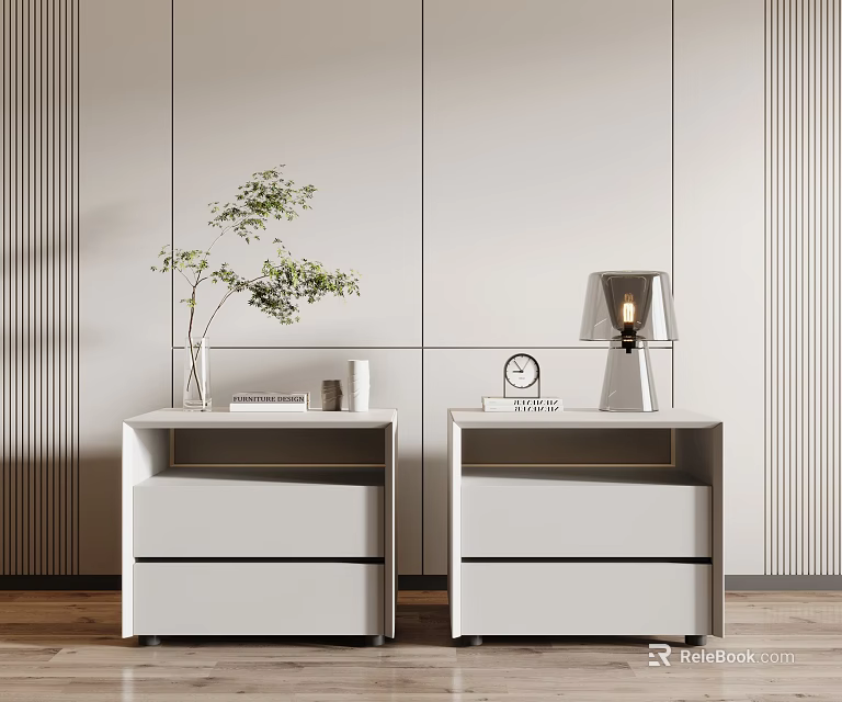 White Nightstands with Two Drawers Featuring Green Plant in Vase Books Table Lamp and Clock 3d model 