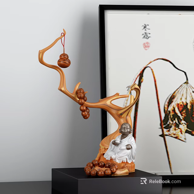 Tree Shaped Decorative Ornament Set With Hanging Gourds And Small Buddha Figure 3d model 
