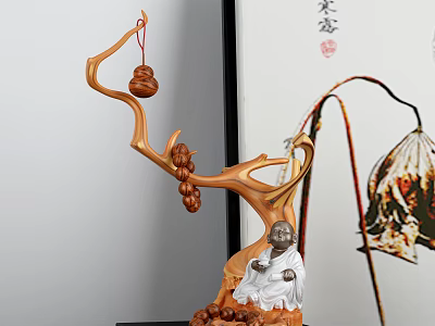 Tree Shaped Decorative Ornament Set With Hanging Gourds And Small Buddha Figure 3d model