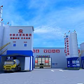 Industrial Factory White Building With Red Accents Green Trees Silos Yellow Trucks And Blue Fence