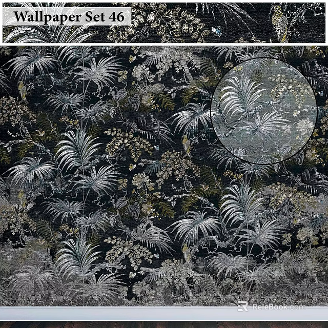 Tropical Plant Pattern Design With Black Background Silver White Floral Elements 3d model 