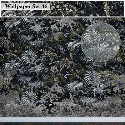Tropical Plant Pattern Design With Black Background Silver White Floral Elements 3d model