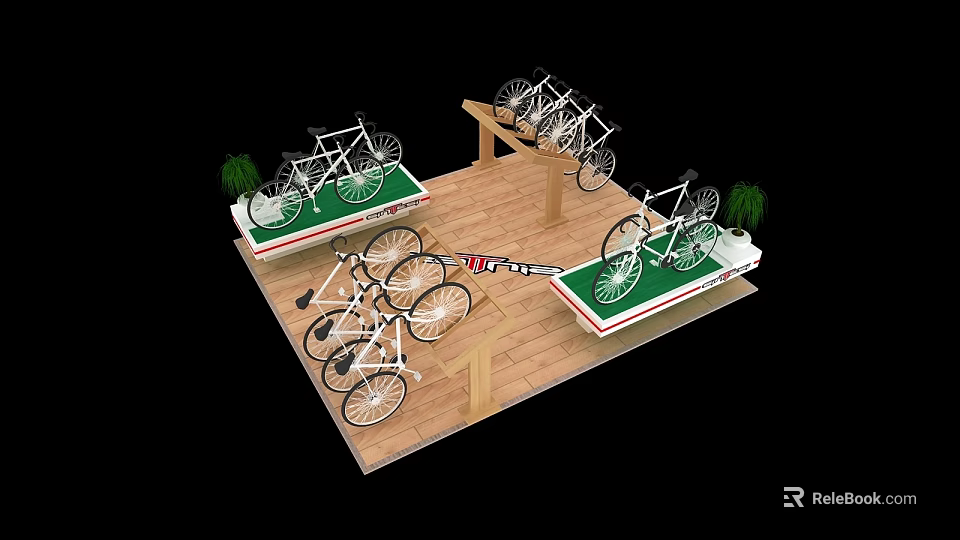 Multiple White Bicycles Showcased on Wooden Floor with Green Display Platforms and Plant Decor 3d model 