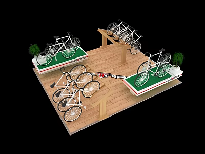 Multiple White Bicycles Showcased on Wooden Floor with Green Display Platforms and Plant Decor 3d model