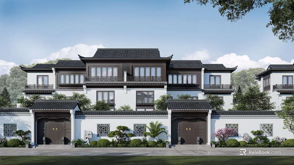 Traditional Chinese Semi Detached Villa With Black Roof White Walls And Green Plants 3d model 