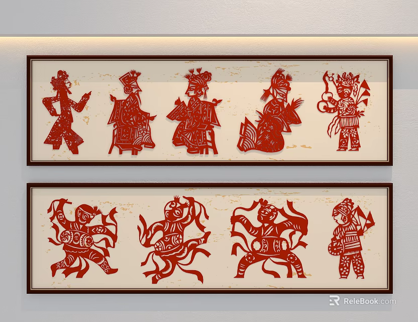 Traditional Chinese Red Paper Cuttings With Decorative Cultural Figures Wall Art 3d model 