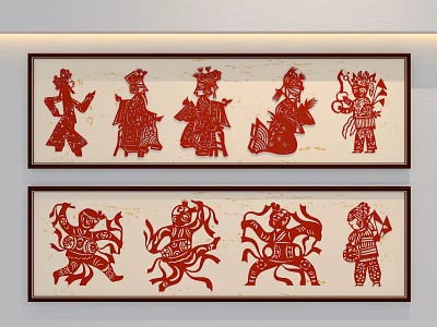 Traditional Chinese Red Paper Cuttings With Decorative Cultural Figures Wall Art 3d model