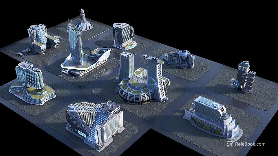 Multiple Modern Office Building Models With Various Geometric Shapes And Glass Curtain Walls 3d model 
