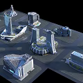 Multiple Modern Office Building Models With Various Geometric Shapes And Glass Curtain Walls