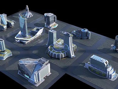 Multiple Modern Office Building Models With Various Geometric Shapes And Glass Curtain Walls 3d model