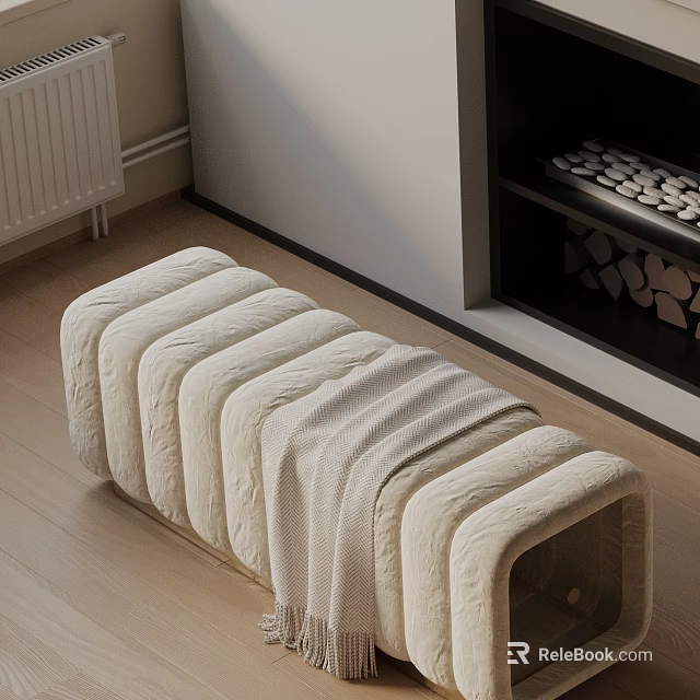 White Striped Sofa Bench With Knitted Fabric And Blanket On Wooden Floor 3d model 