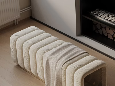 White Striped Sofa Bench With Knitted Fabric And Blanket On Wooden Floor 3d model