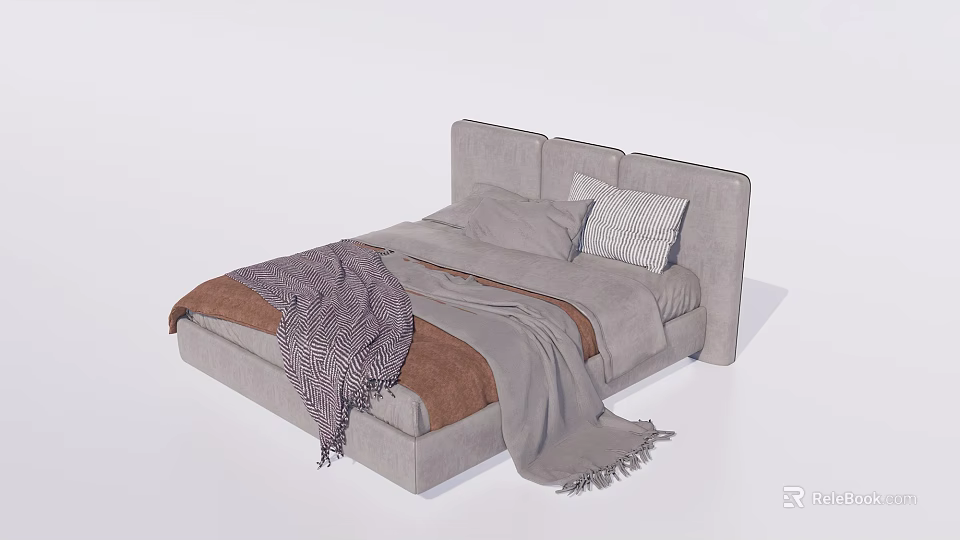 Gray Double Bed With Upholstered Headboard Striped Solid Pillows And Fringed Blankets 3d model