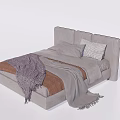 Gray Double Bed With Upholstered Headboard Striped Solid Pillows And Fringed Blankets 3d model
