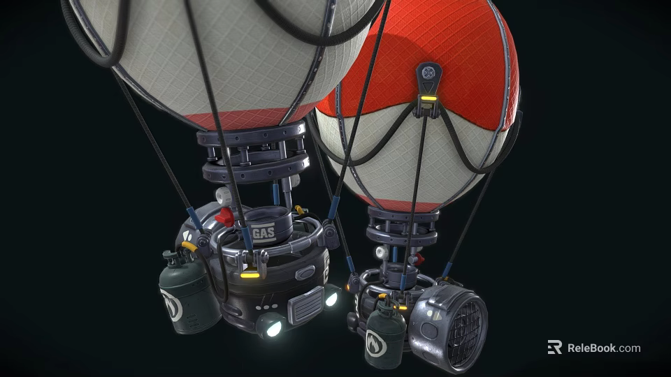 Red and White Hot Air Balloons With Metal Frames And Suspended Equipment Against Black Background 3d model 