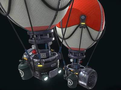 Red and White Hot Air Balloons With Metal Frames And Suspended Equipment Against Black Background 3d model