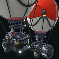Red and White Hot Air Balloons With Metal Frames And Suspended Equipment Against Black Background