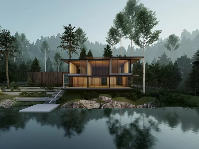 Modern Detached Villa with Glass Facade and Wooden Accents by Lake in Forest Surroundings 3d model