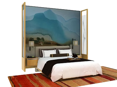 Stylish Background Double Bed with Mountain Landscape Wall Matching Nightstands Table Lamps on Striped Rug 3d model