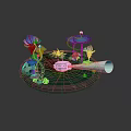 Cartoon Scene With Colorful Mushroom Like Plants Glowing Elements And Small Boat On Water