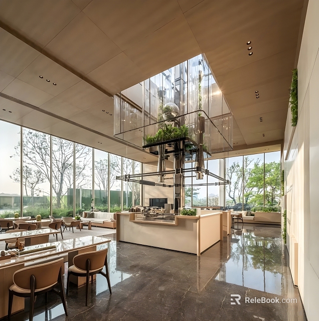 Modern Sales Office Interior With Large Windows Glass Structure And Green Plants 3d model 