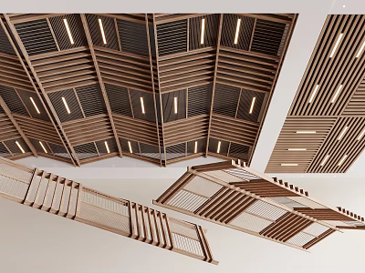 Modern Interior Wooden Slat Ceiling Design With Recessed Lights And Grid Pattern 3d model