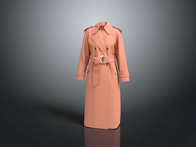 Pink Long Double Breasted Trench Coat With Belt And Epaulettes Design 3d model