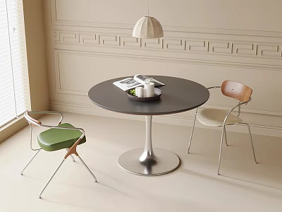 Round Dining Table With Green And Light Colored Chairs Metal Base In Minimalist Interior 3d model