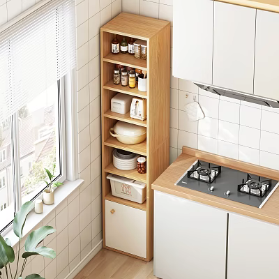 Wooden Kitchen Sideboard With Storage Shelves Spices Bowls And Dishes Near Cooking Area 3d model