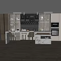Modern Bar Counter in Open Kitchen with Marble Countertop Bar Stools and Wine Rack Bottles