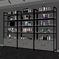 Modern Black Frame Shelving Unit With White Marble Cabinets And Skincare Products