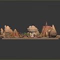 Scenic Desert Landscape With Rocky Mountains River Small Buildings And Green Vegetation