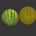 Fresh Green Striped Watermelons on Black Reflective Surface with Ripe Texture