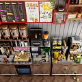 Functional Table with Coffee Machine Juicer Red Shelves Plants Fresh Fruits