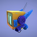 Animated Game Cartoon Robot Character With TV Shaped Head Screen Eyes Yellow Blue Body And Antenna