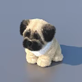 Cute Beige And Black Plush Toy Dog Sitting On Gray Background With Soft Fur