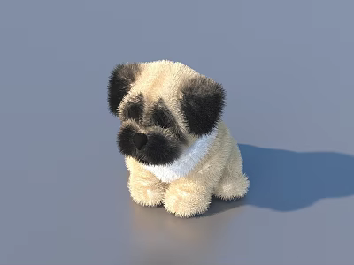 Cute Beige And Black Plush Toy Dog Sitting On Gray Background With Soft Fur 3d model