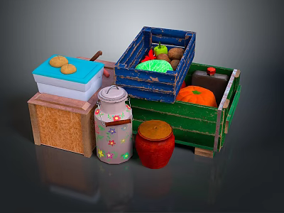 Fluffy Rabbit Near Colorful Wooden Crates With Fresh Fruits And Jars 3d model