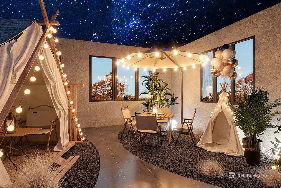 Enchanting Café Interior With Starry Sky Ceiling Tents String Lights Balloons And Plants 3d model 
