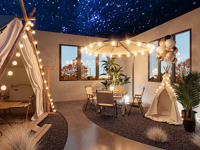 Enchanting Café Interior With Starry Sky Ceiling Tents String Lights Balloons And Plants 3d model