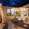 Enchanting Café Interior With Starry Sky Ceiling Tents String Lights Balloons And Plants