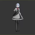 3D Blue Hair Character In Black White Maid Outfit With Red Bow And Lace Trim