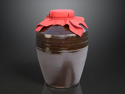 Traditional Pottery Jar With Red Lid And Cloth Strips On Dark Background 3d model
