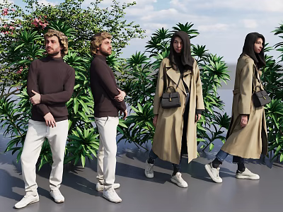 Two People In Brown Sweater And Beige Trench Coat With Green Plants Background 3d model